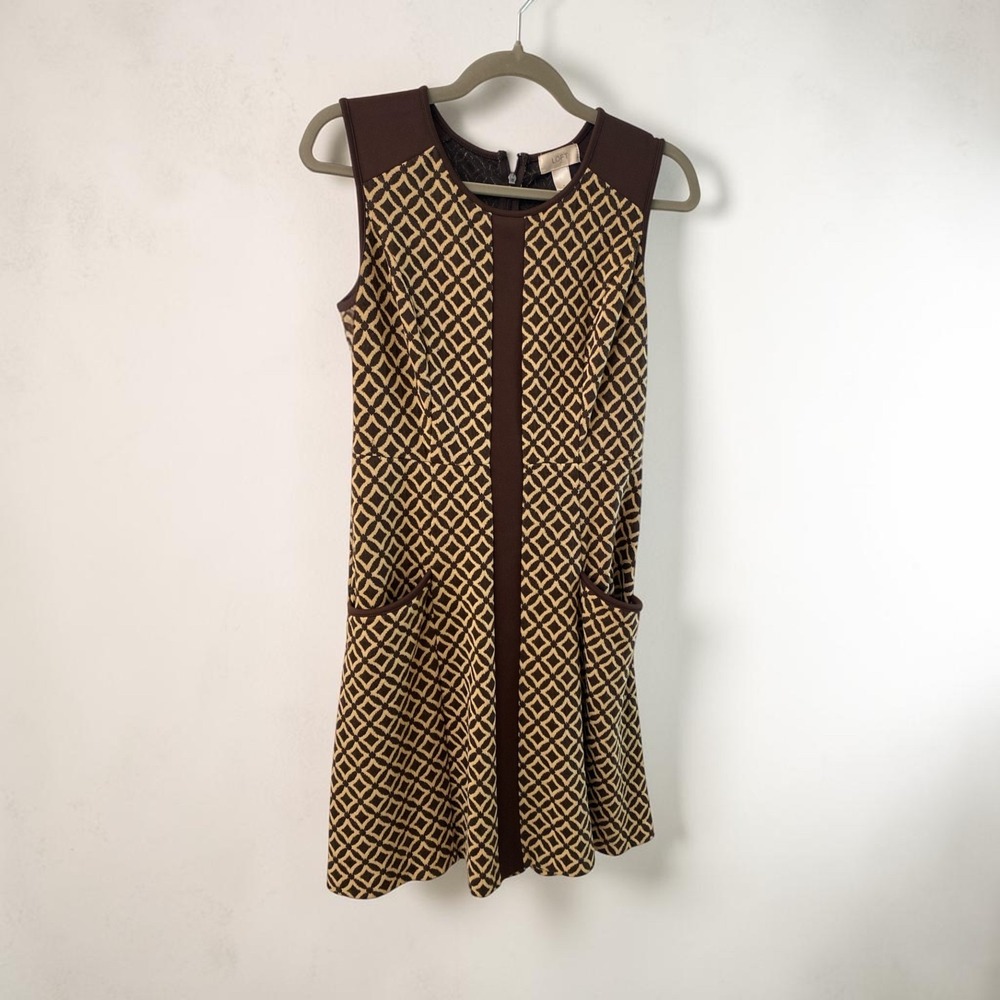 LOFT Sleeveless Fit & Flare Dress Brown Geometric Print Pockets Size 4